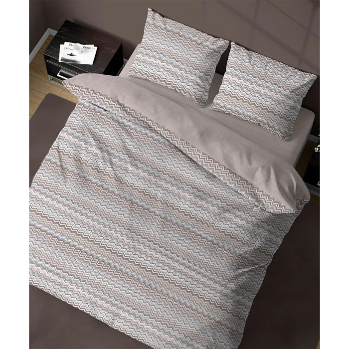 Parure Copripiumino Baia Beige per letto singolo in 100% Cotone e Made in Italy, zig zag moderno
