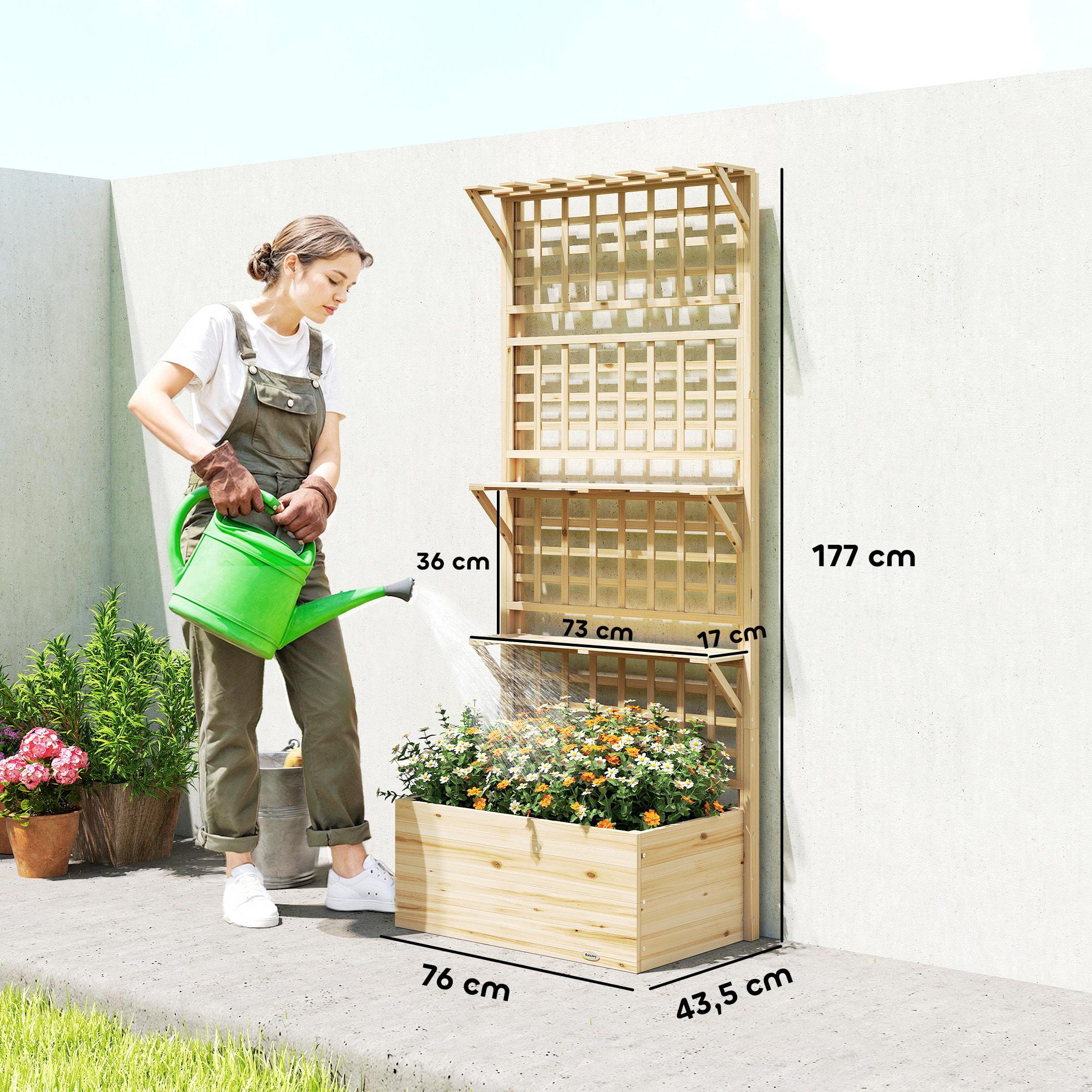 Jardinera con Enrejado y Techo de Madera, Jardinera Exterior Grande para Plantas Trepadoras, con 2 Estantes, Drenaje y Forro, Macetero Elevado para Patio, Terraza, 76x43,5x177 cm, Natural
