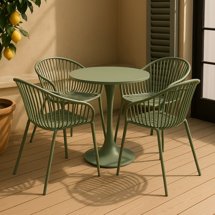 Ensemble de jardin table et 4 fauteuils en polypropylène vert CALYPSO