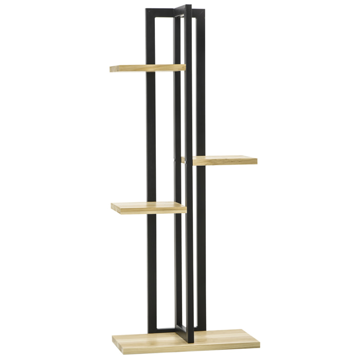 Support à fleurs style industriel 4 niveaux - porte plante 4 étagères - métal époxy noir bois sapin