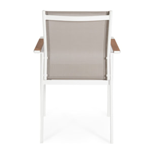 Set 4 sedie da giardino DENIA in textilene grigio tortora con inserti effetto legno e struttura bianca