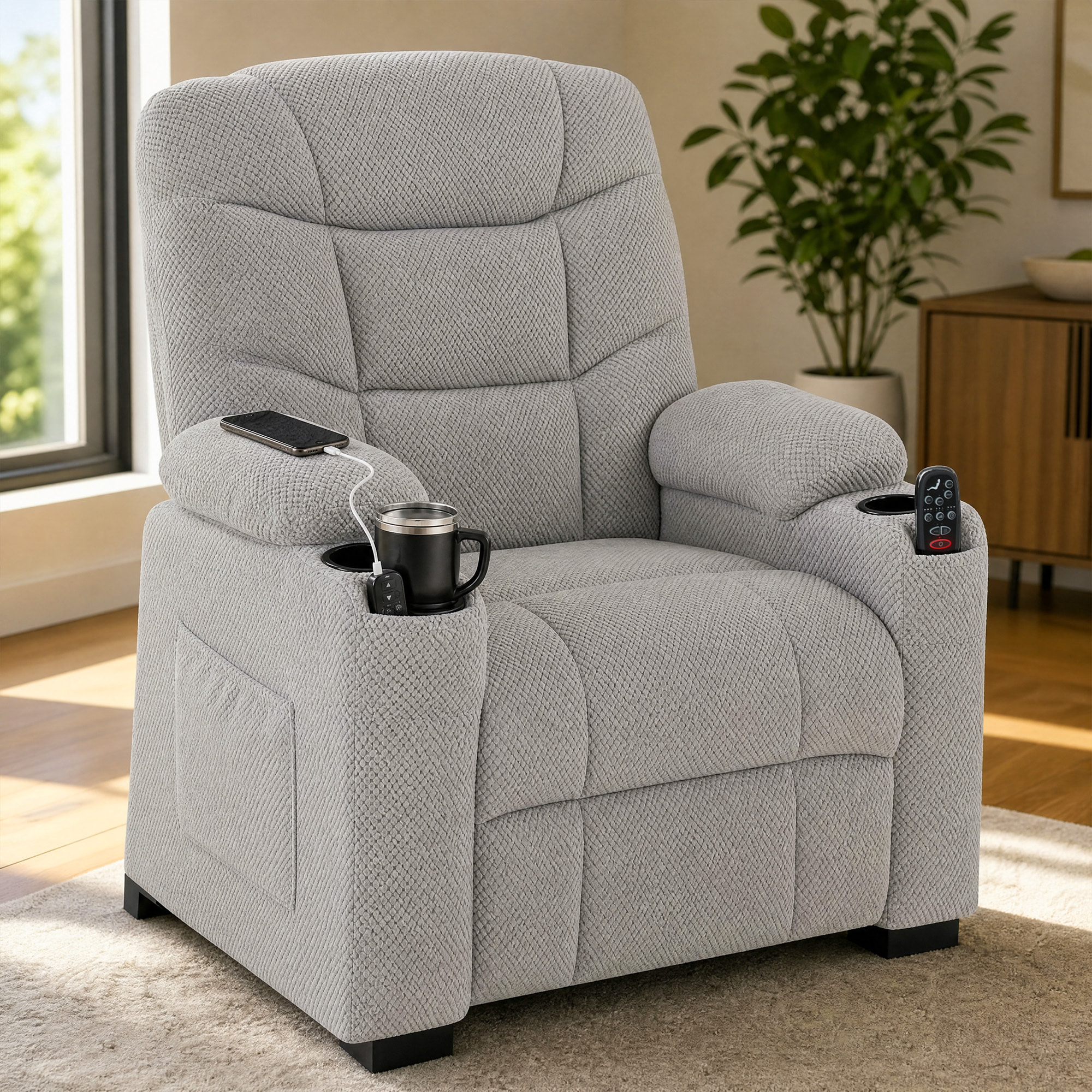 Sillón Relax Reclinable Eléctrico con Calor Lumbar y Masaje Vibración, Sillón Masaje Relax, Motor Silencioso, Función Memoria, Asiento Ancho, Bolsillos, Portavasos, USB, Tela Terciopelo, Gris