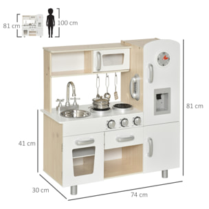 Cocina de Juguete de Madera con Fregadero Cocina de Inducción y Microondas Simulados con Accesorios Incluidos Cocina Infantil para +3 Años 74x30x81 cm Blanco