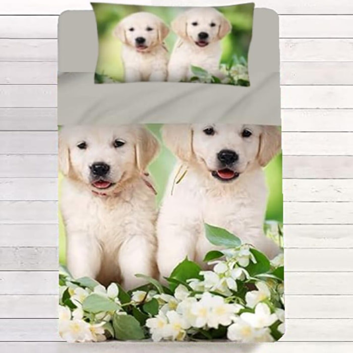 INTRECCI Set Lenzuola Singolo in Cotone, Stampa Alta Qualità, Lenzuolo Sotto + Lenzuolo Sopra + 1 Federa, Comfort, Morbidezza, per Pelli Sensibili, non Stringe in Lavatrice. Fantasia: Spring Dogs