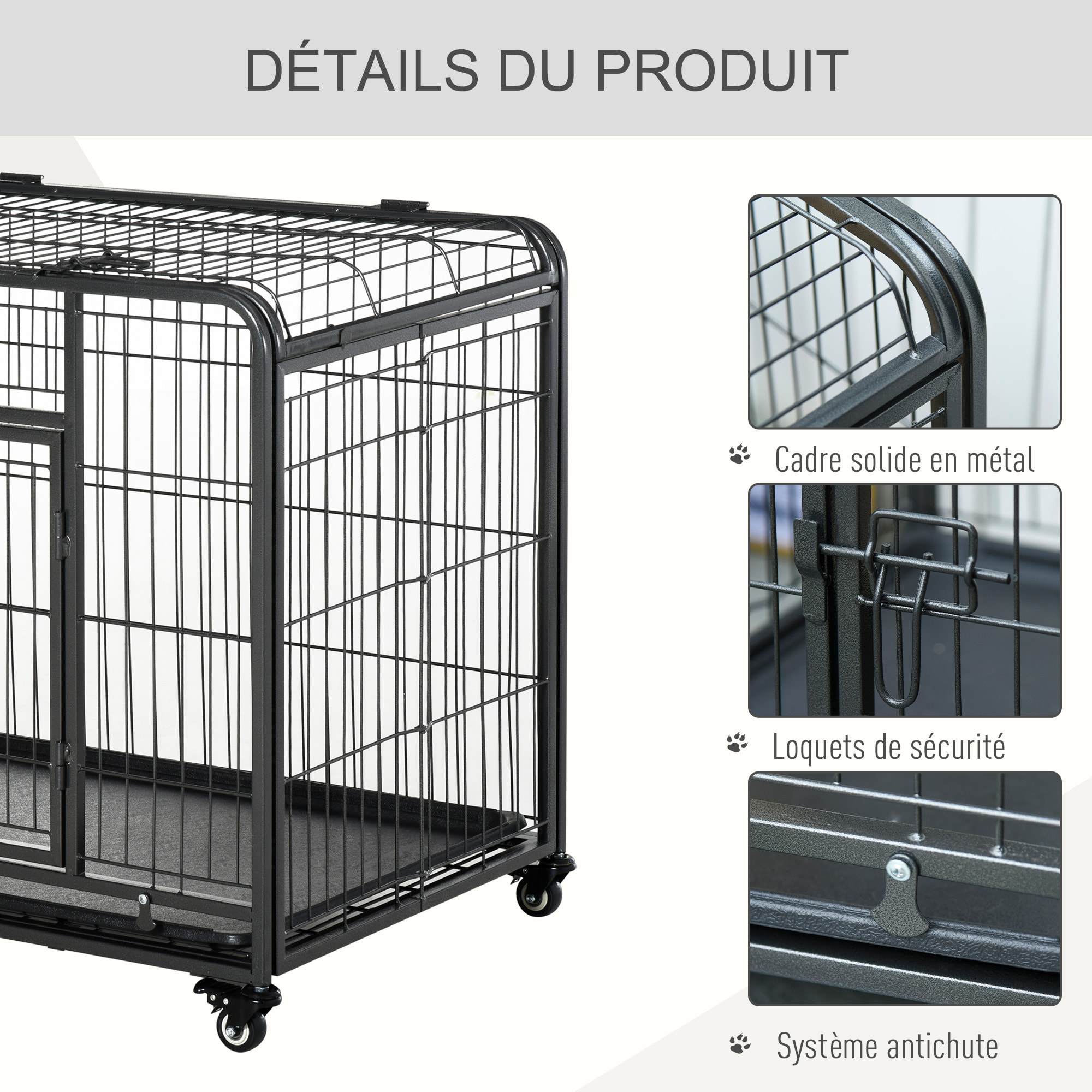 Cage pour chien pliable cage de transport sur roulettes 2 portes verrouillables plateau amovible dim. 109,5L x 71l x 78H cm métal gris noir