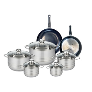 Ensemble de 2 Poêles de cuisson 20 et 24 cm et 5 faitouts 12, 14, 16, 20 et 24 cm Elo Prima Brillant