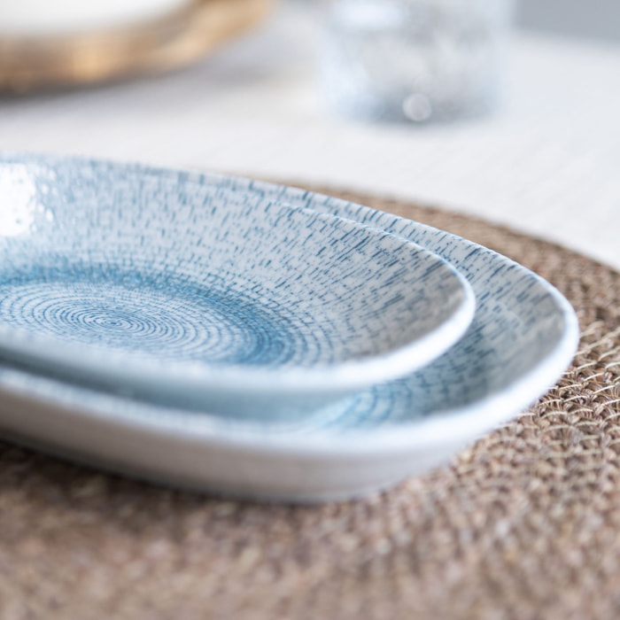 Lot de 6 assiettes ovales en porcelaine blanche et bleue 23,5cm AQUA