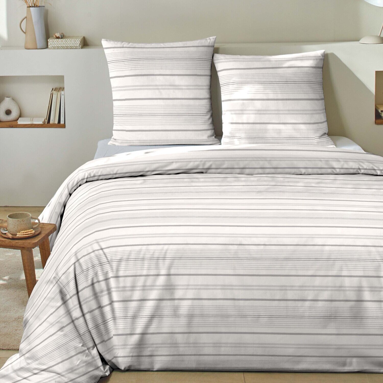 Parure housse de couette coton gris perle