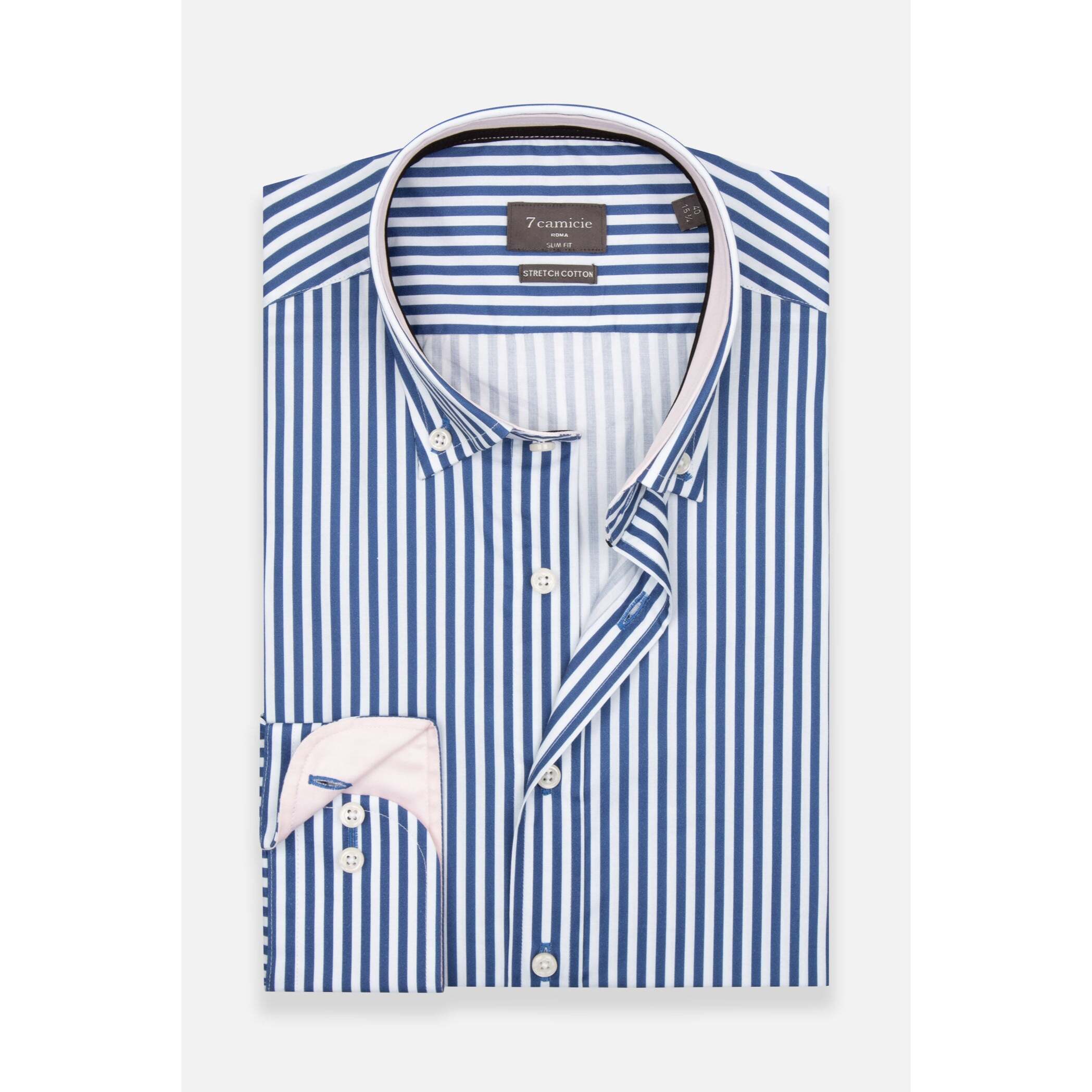 camicia uomo 1 bottone button down slim Popeline Stretch Riga Media Bianco Blu Avion
