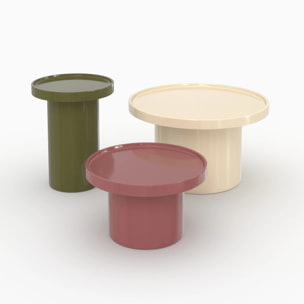 Lot de 3 tables basses laquées blanches, vert olive et rouge en MDF - Nora