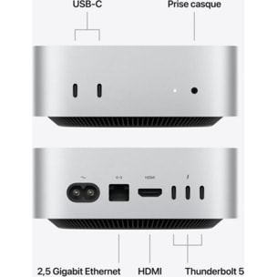 Ordinateur Apple MAC Mini Puce M5 Pro CPU 15 / GPU 16 coeurs / Mémoire RAM 24Go Stockage 512Go SSD Argent