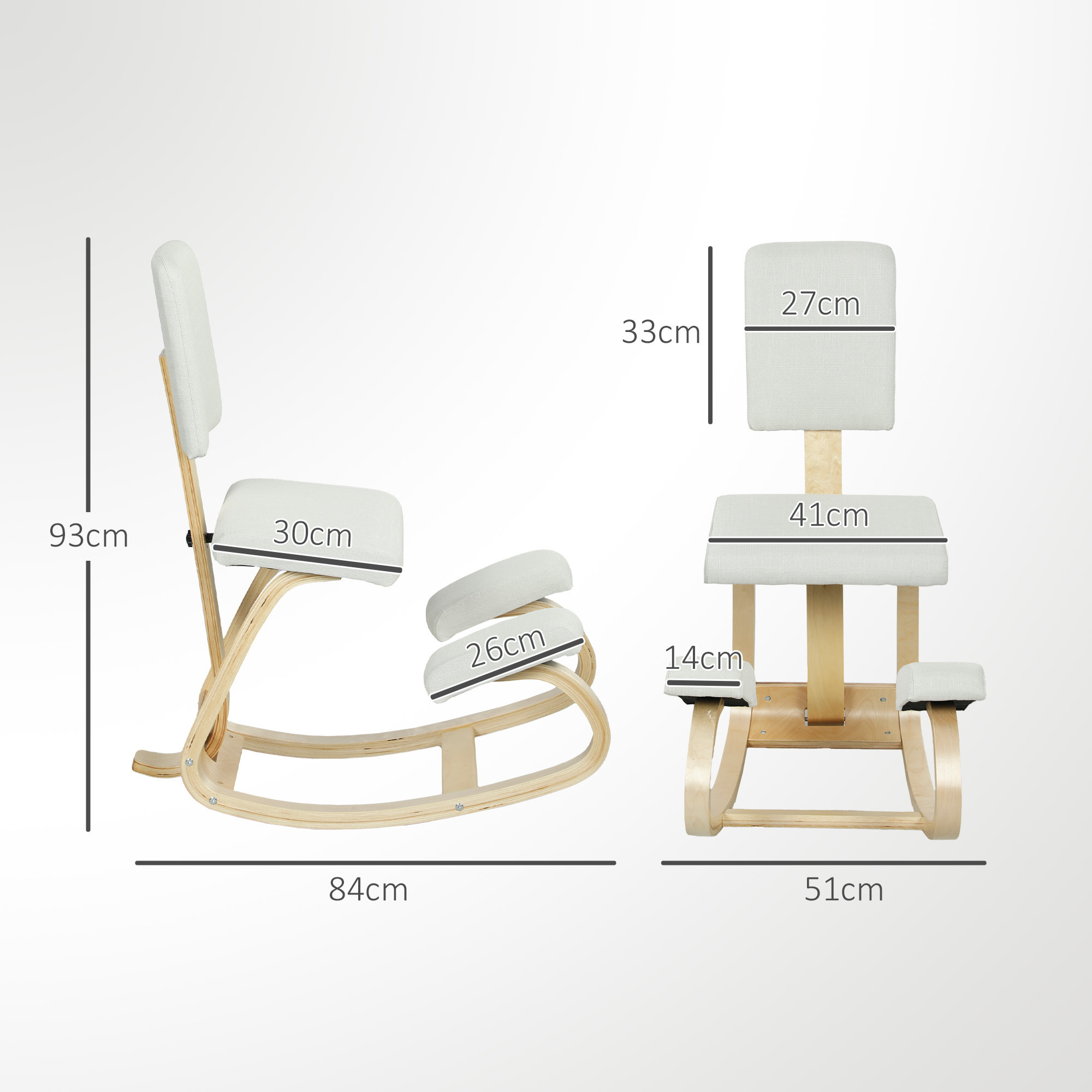 Siège ergonomique - siège assis-genoux - chaise assis genoux avec dossier - bois bouleau tissu blanc cassé