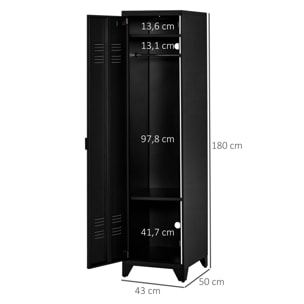 Armoire vestiaire métal design industriel - barre penderie, 3 étagères - dim. 43L x 50l x 180H cm - métal noir