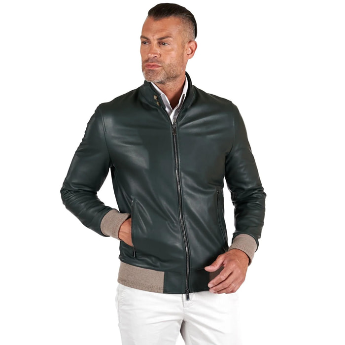 Giubbotto Bomber in pelle naturale verde colletto con bottoni