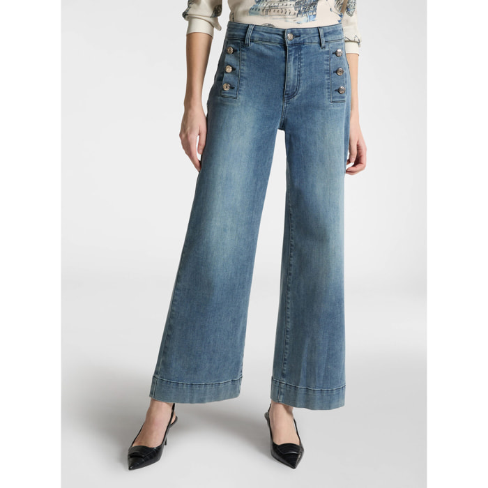 Elena Mirò - Jeans cropped marinière con bottoni - Blu