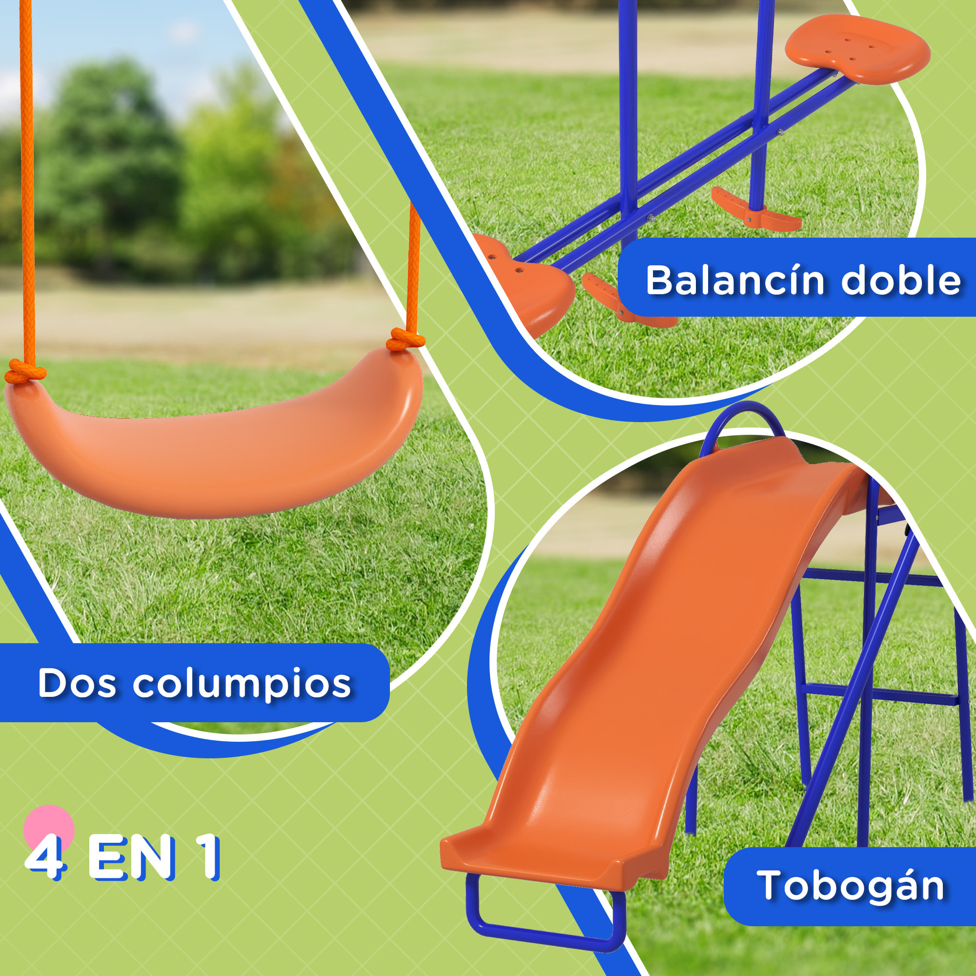 Columpio Infantil 4 en 1 Columpio para Niños con 2 Columpios Individuales 1 Columpio del Planeador 1 Tobogán Cuerda Ajustable y Anti-UV para Exterior Multicolor