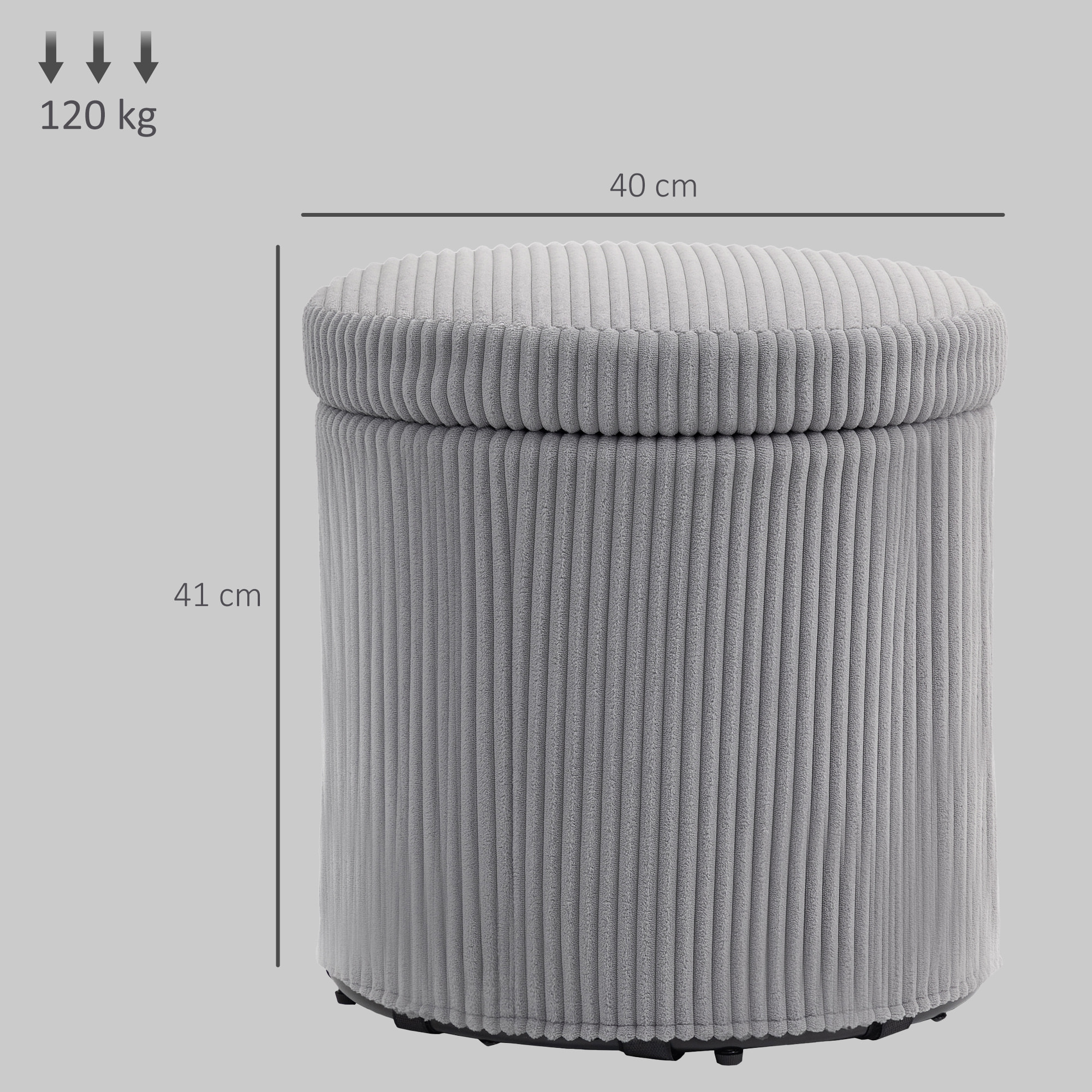 Puff Almacenaje Baúl de Almacenaje Redondo Tapizado en Pana Asiento Acolchado Tapa Extraíble para Pasillo Dormitorio Salón Ø40x41 cm Gris Claro