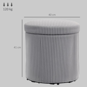 Puff Almacenaje Baúl de Almacenaje Redondo Tapizado en Pana Asiento Acolchado Tapa Extraíble para Pasillo Dormitorio Salón Ø40x41 cm Gris Claro