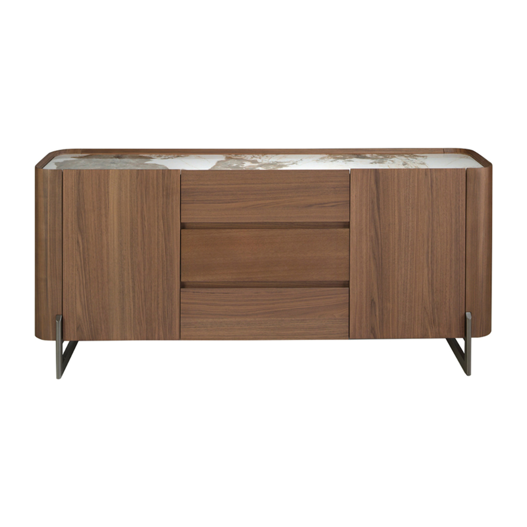 Aparador de madera chapada en nogal natural y patas de acero inoxidable oscuro metalizado 180x45x80cm