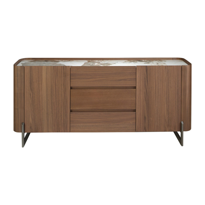 Aparador de madera chapada en nogal natural y patas de acero inoxidable oscuro metalizado 180x45x80cm