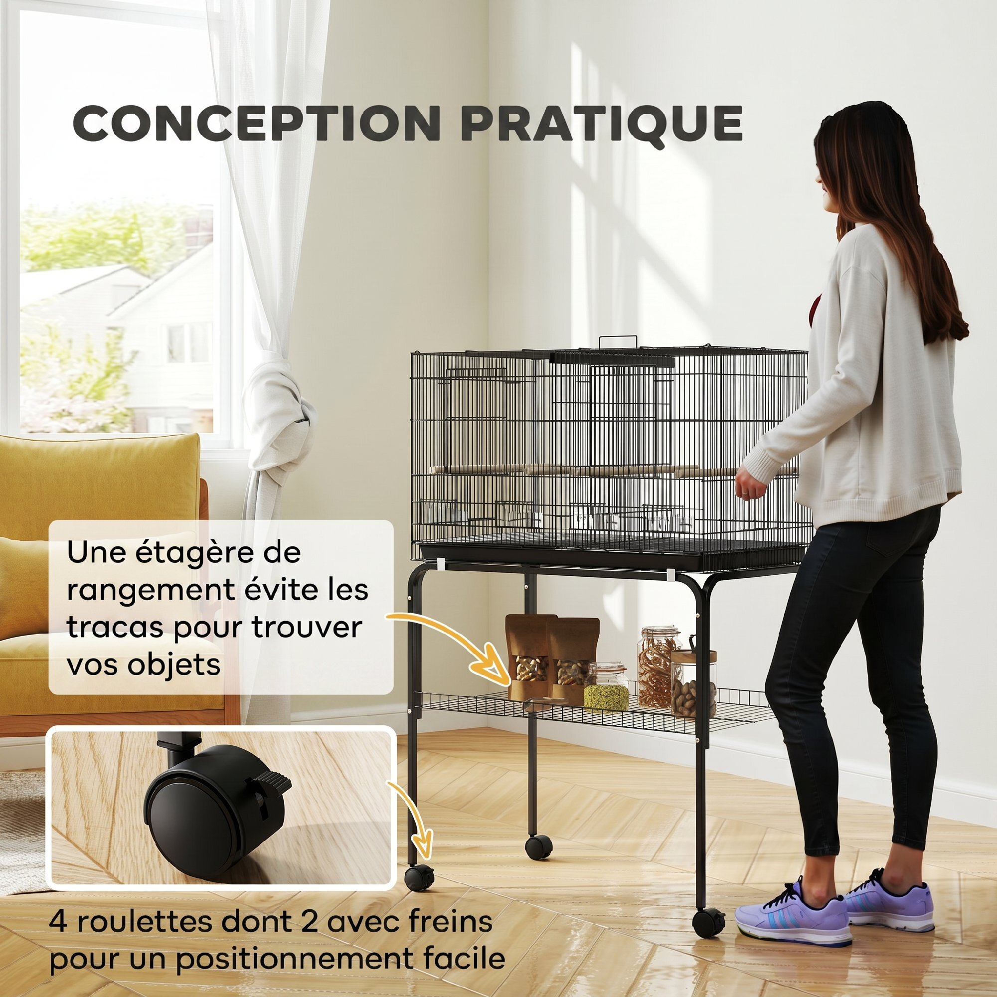 Cage à oiseaux mobile volière acier avec séparateur - 4 perchoirs, mangeoires, portes, trappes, plateau déjection - noir