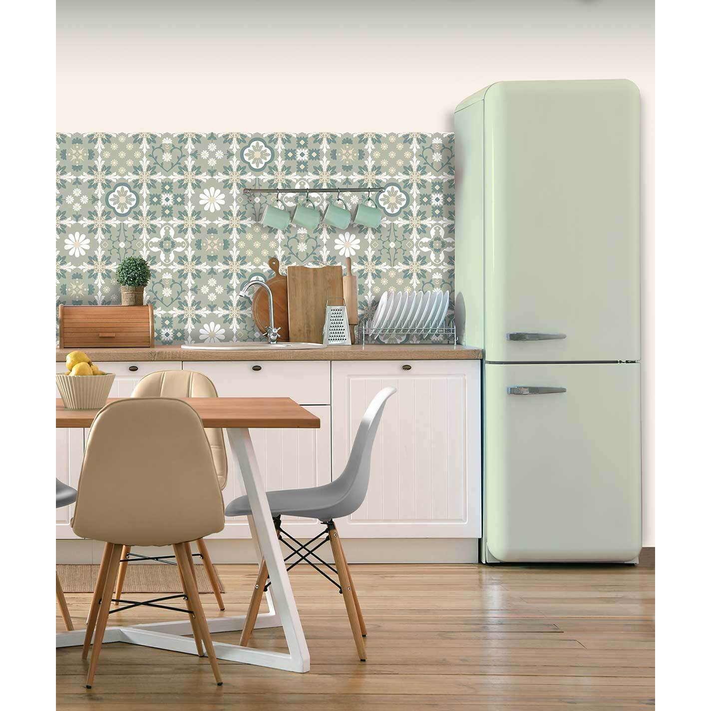 Papier peint carreaux rétro floraux vert sauge et crème