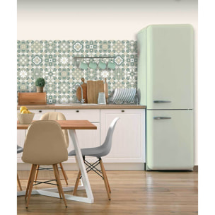 Papier peint carreaux rétro floraux vert sauge et crème