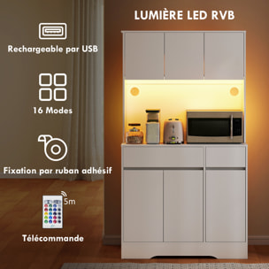 Buffet haut armoire cuisine design LED 6 portes 4 étagères 2 tiroirs grand plateau blanc