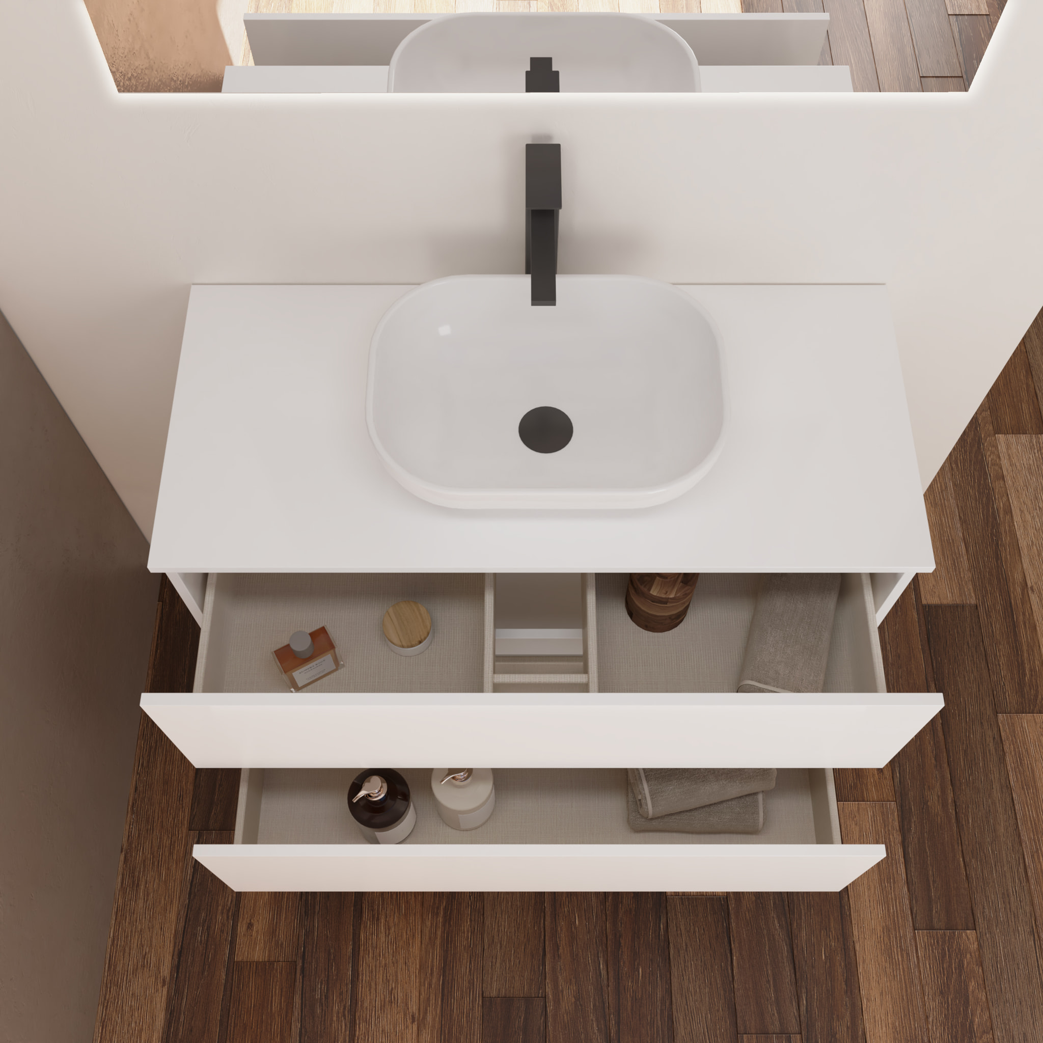 Conjunto de Baño Kaji | Mueble de Baño Suspendido | 100 cm Blanco| Dos Cajones | Lavabo Ovalado sobre Encimera | No incluye Espejo | Alday