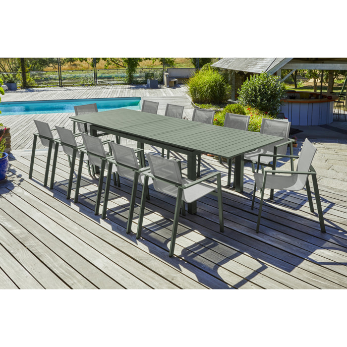 MIAMI - Ensemble repas de jardin 12 places en aluminium kaki