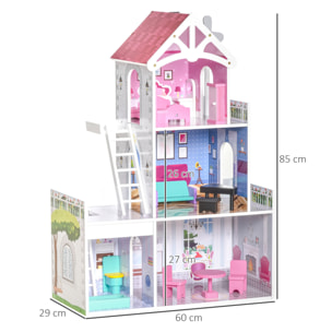 Maison de poupée 3 étages jeu d'imitation grand réalisme multi-équipements MDF rose