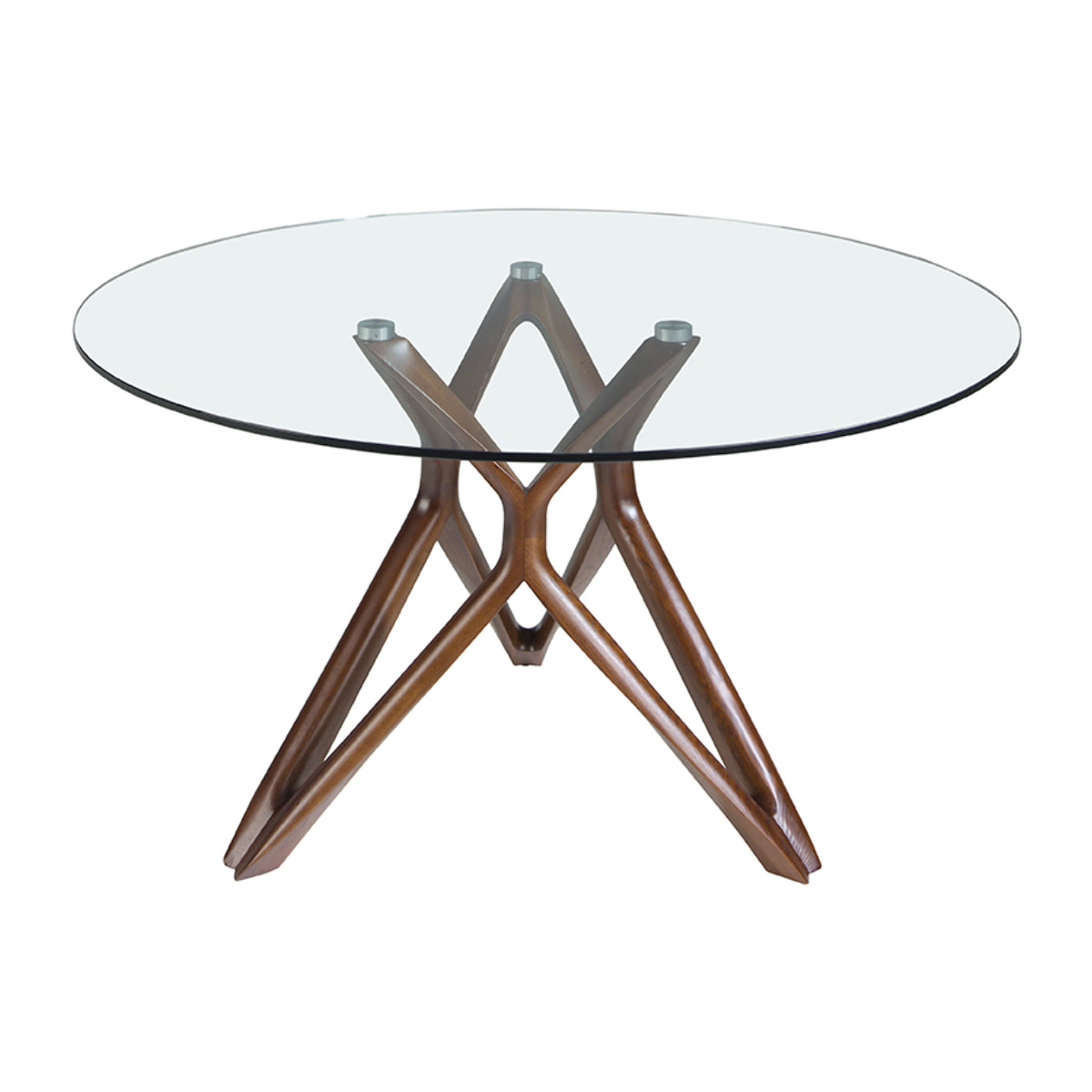 Mesa comedor redonda con tapa de cristal templado y patas en madera maciza de fresno en nogal 130x130x75cm