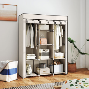 Armoire penderie multi-rangement - 8 étagères, 2 barres - dim. 125L x 43l x 162,5H cm - acier noir non tissé beige