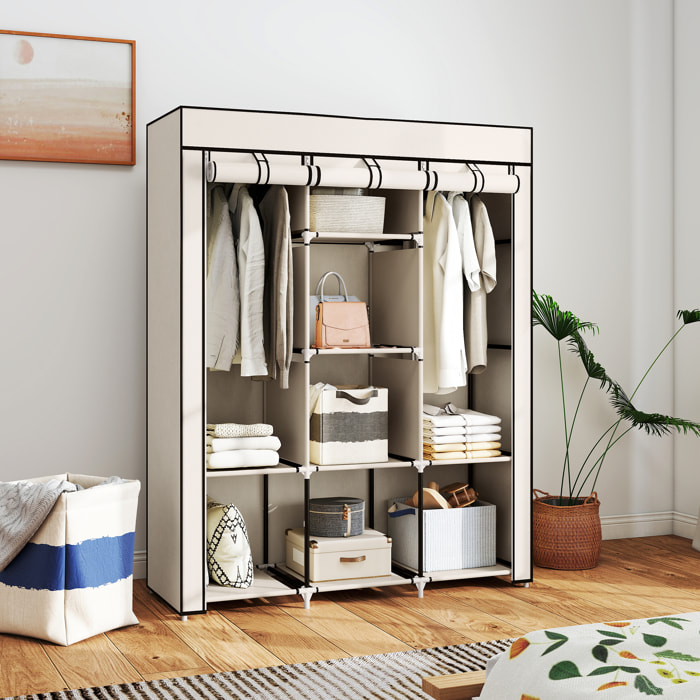 Armoire penderie multi-rangement - 8 étagères, 2 barres - dim. 125L x 43l x 162,5H cm - acier noir non tissé beige