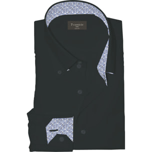 Camicia Uomo 2 Bottoni Button Down Slim Popeline Stretch Unito Nero