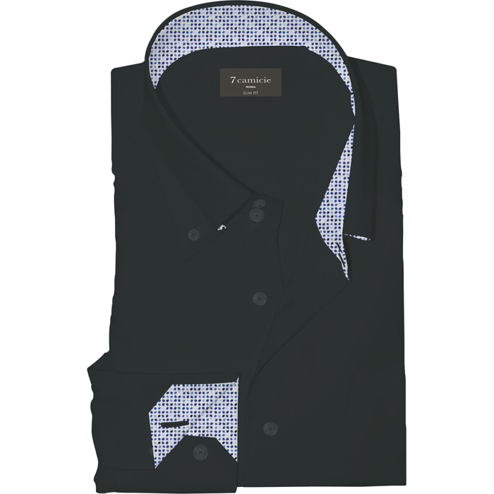 Camicia Uomo 2 Bottoni Button Down Slim Popeline Stretch Unito Nero
