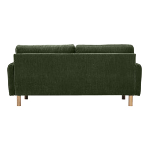 Canapé design 3 places en tissu effet velours vert kaki et bois clair BONO