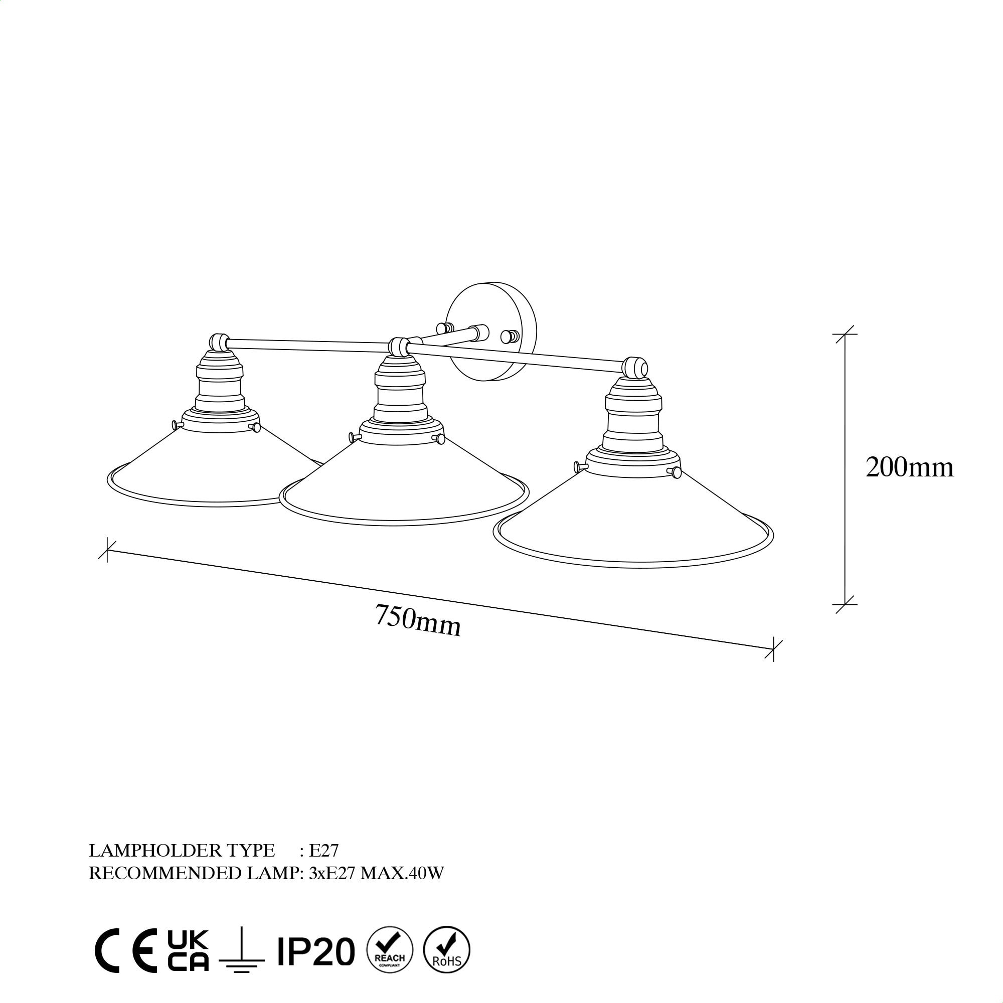 Aplique de pared, metal , negro, 75x27x20, casquillo 3 x E27 Max 40 W