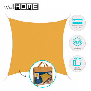 Sombrilla de tela para exterior 3x3m en amarillo ocre Pantone 16-0945TPG, ganchos de metal y bolsa de transporte incluida