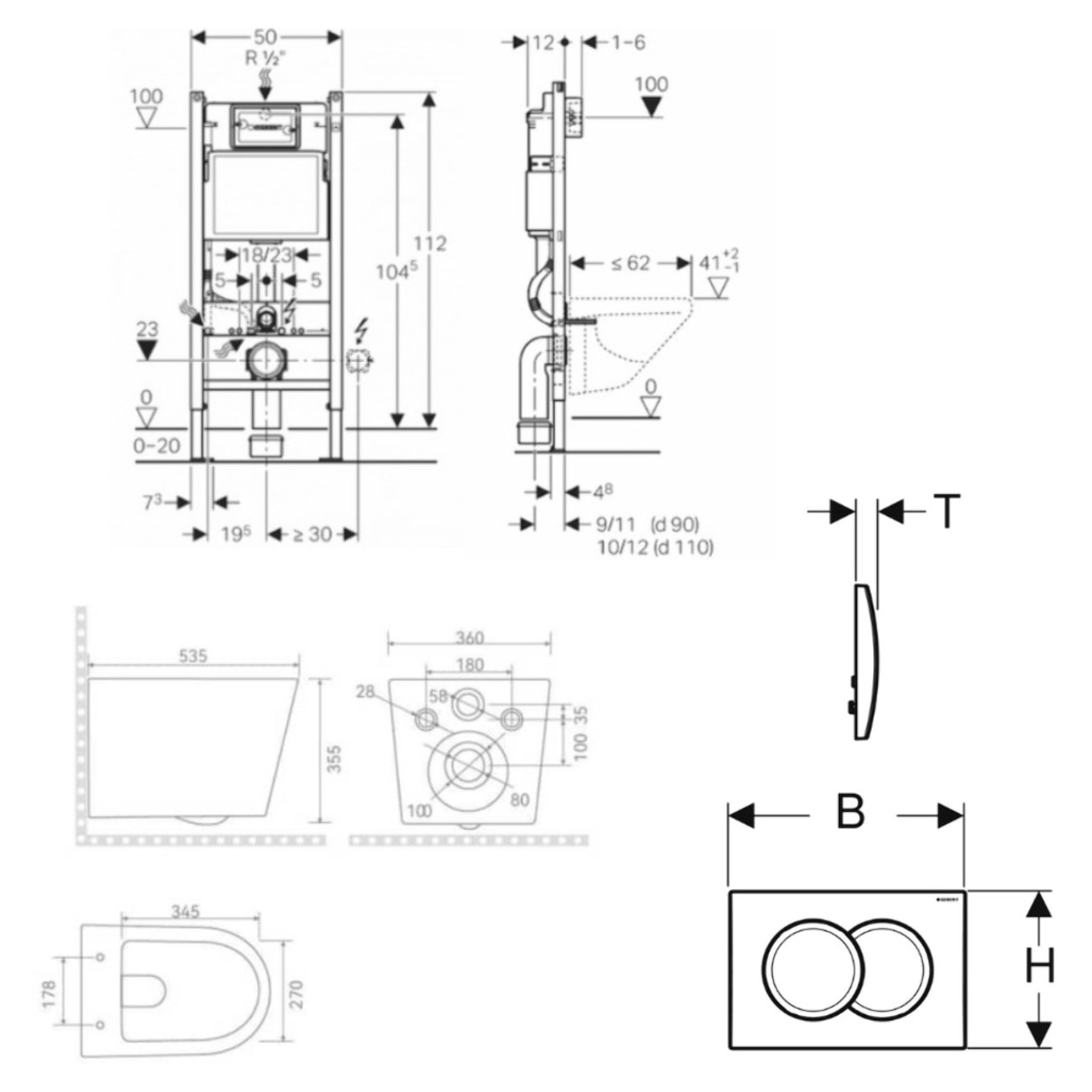 Pack WC bâti-support Duofix 112cm + WC sans bride Ceramia + abattant SoftClose + Set habillage + plaque blanche (CETORGEB3SBVP)