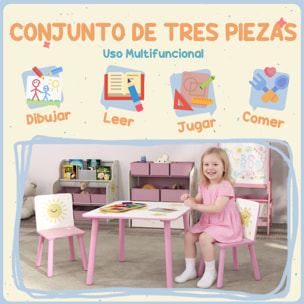 Mesa y Sillas Infantiles de 3 Piezas, Mesa Infantil con 2 Sillas de Madera de Pino, Juego de Muebles con Dibujos de Estrella para niños de +3 Años, para Dormitorio, Sala de Juegos, Rosa
