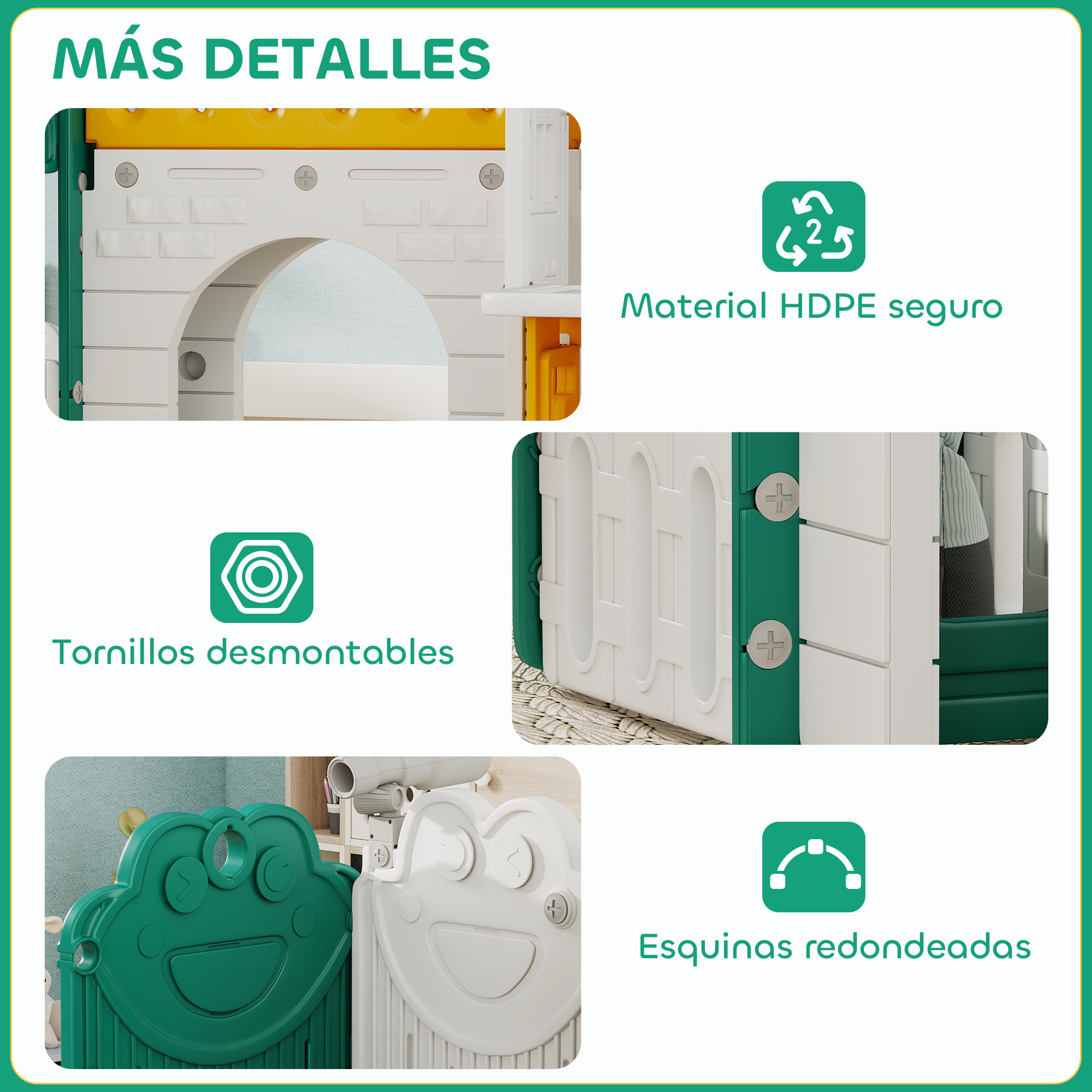 Tobogán Infantil 7 en 1 con Caseta para Niños, Tobogán con Escalera, Aro de Baloncesto, Túnel, Pizarra, Telescopio, para Interior, Amarillo y Verde