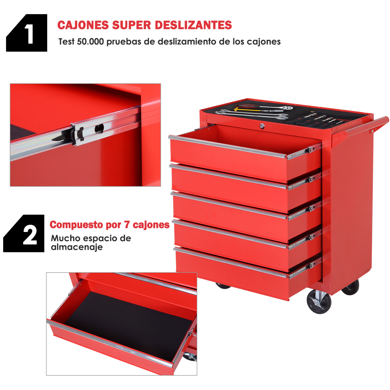 Caja Taller Carro de Herramientas con Ruedas Cerradura tipo Mueble de Almacenamiento para Taller Garaje y Hogar Chapa de Acero 69x33x75 cm Rojo
