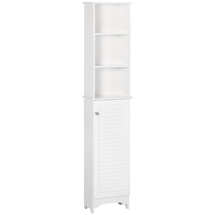 Armario Alto de Baño con 1 Puerta 3 Estantes Abiertos y Balda Interior Ajustable Mueble Auxiliar de Almacenaje para Salón Aseo Dormitorio 34x20x165 cm Blanco