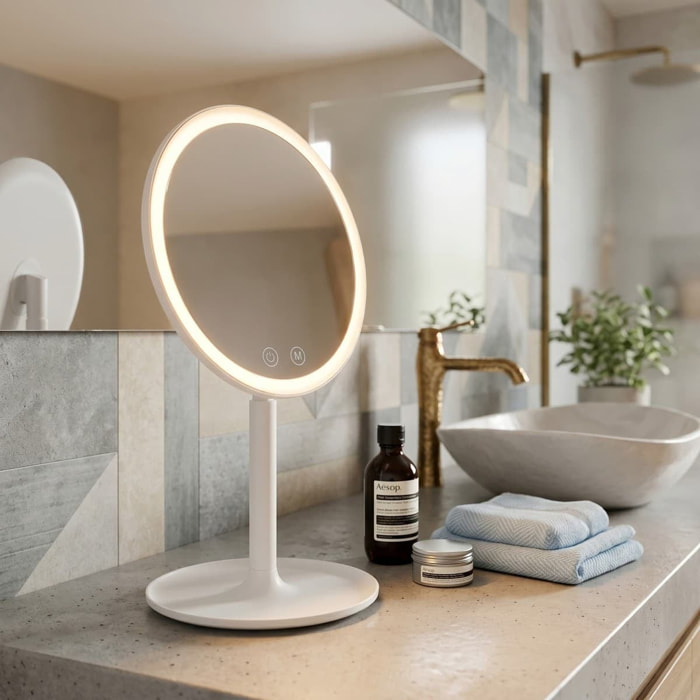 Miroir cosmétique pliable en plastique, 3 couleurs de lumière réglables, hauteur 34,5 cm, blanc (SATZKLEDB)