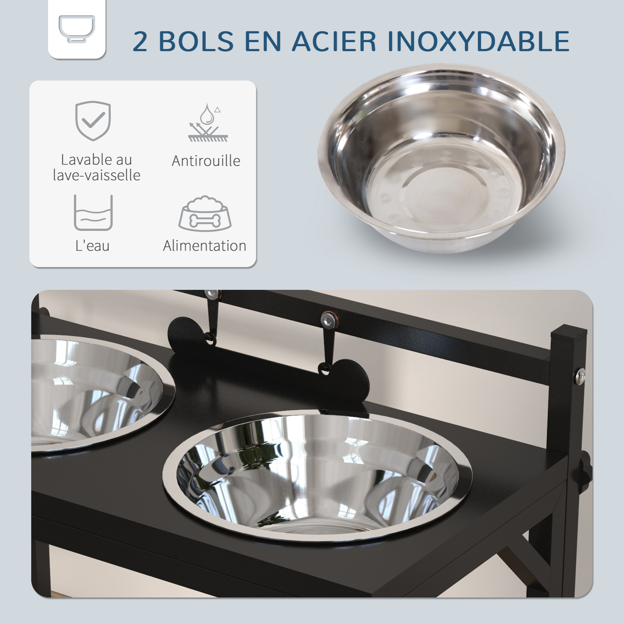 Gamelle double chien porte-gamelles surélevé hauteur réglable 2 gamelles acier inox. incluses métal noir