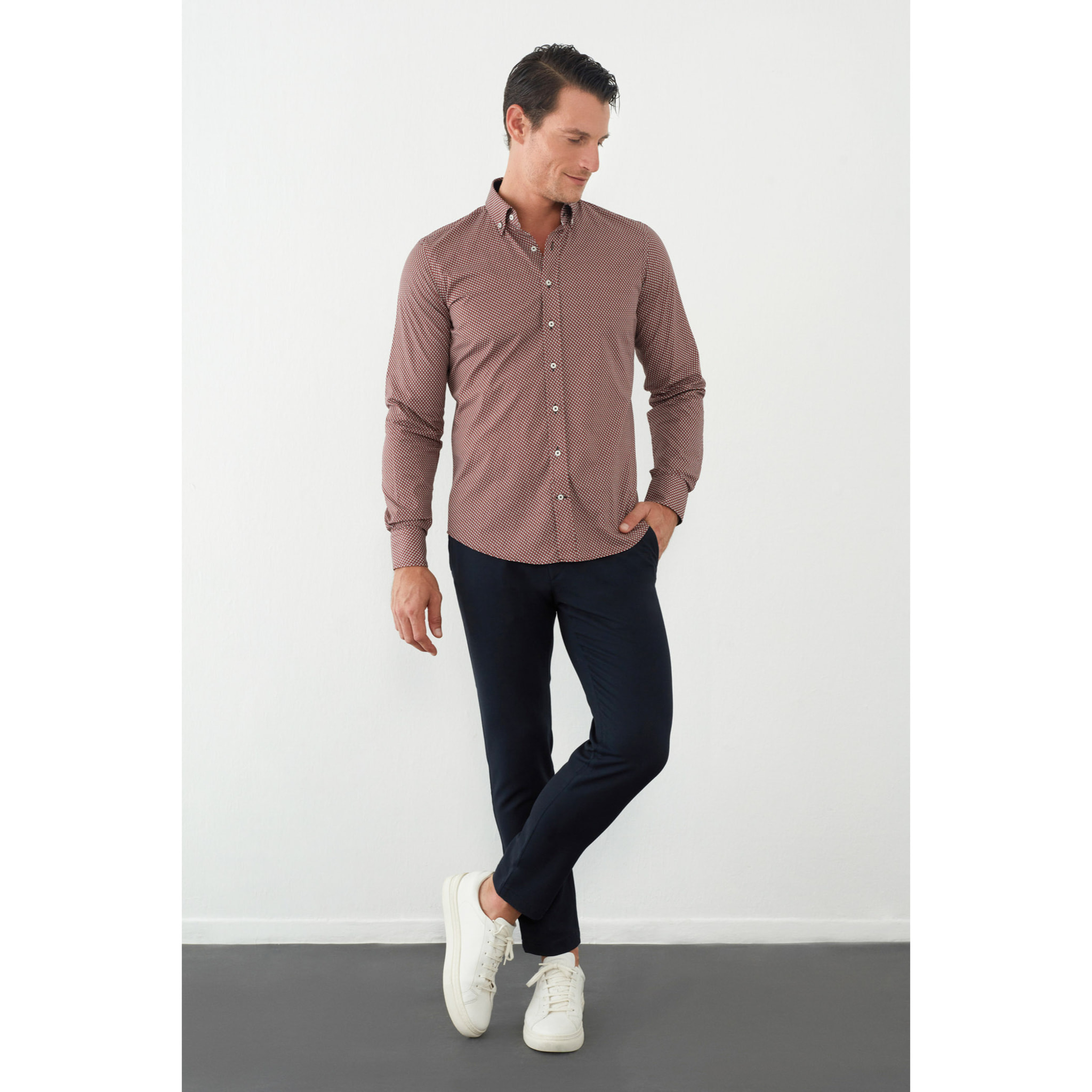camicia uomo 1 bottone button down slim Popeline Stampato Bordeaux e Panna