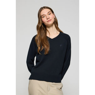Maglione blu marino in cotone e lino con scollo a V e monogramma ricamato