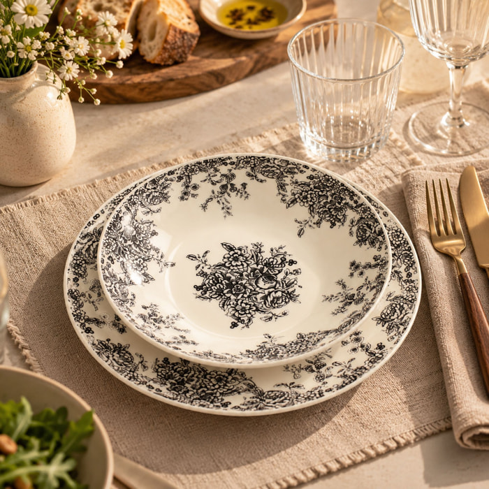 Lot de 6 assiettes creuses en grès décor fleuri noir 20,5cm FLORALI