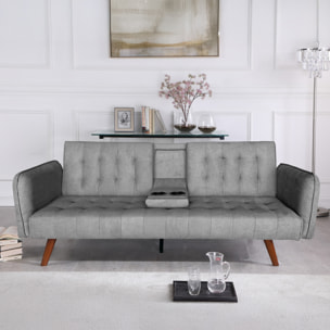 PERTH Canapé 3 places convertible en velours avec tablette centrale rabattable gris